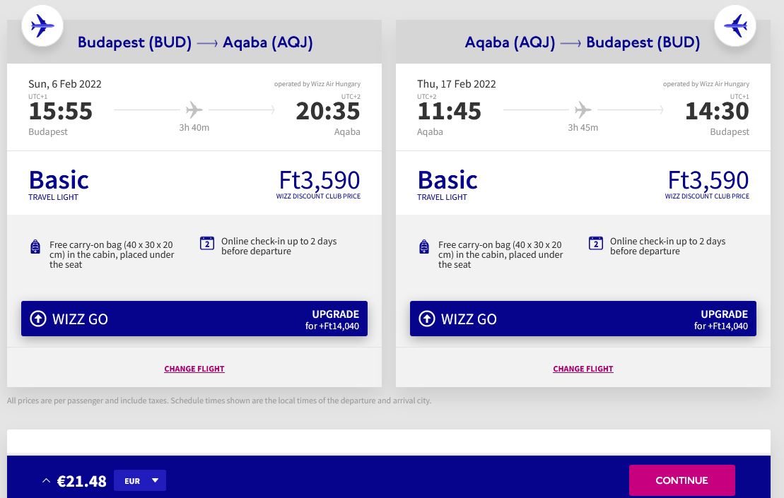Non-stop flights from Budapest, Hungary to Aqaba, Jordan for only €21 roundtrip. Flight deal ticket image.
