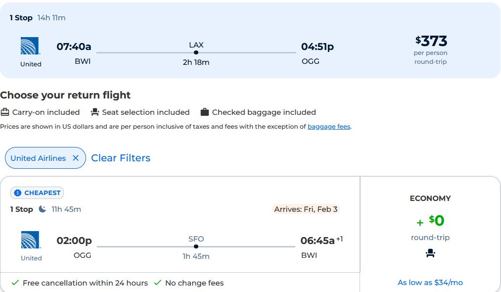 Cheap flights from Baltimore to Kahului, Hawaii for only $373 roundtrip with United Airlines. Also works in reverse. Flight deal ticket image.