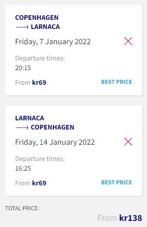 Non-stop flights from Copenhagen, Denmark to Larnaca, Cyprus for only €18 roundtrip. Flight deal ticket image.