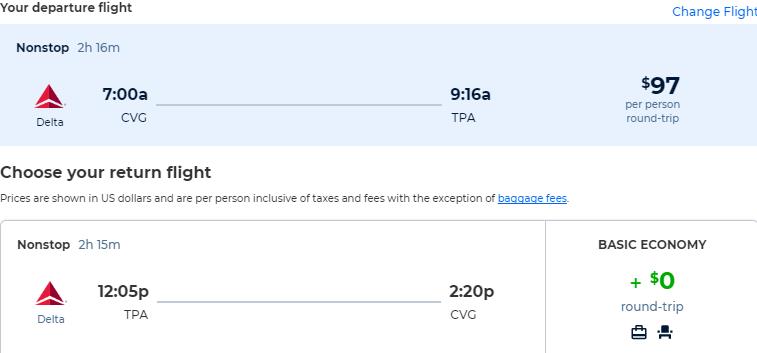 Non-stop flights from Cincinnati, Ohio to Tampa, Florida for only $97 roundtrip with Delta Air Lines. Also works in reverse. Flight deal ticket image.