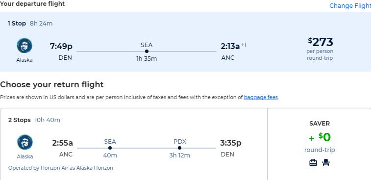 Cheap flights from Denver, Colorado to Anchorage, Alaska for only $273 roundtrip with Alaska Airlines. Also works in reverse. Flight deal ticket image.