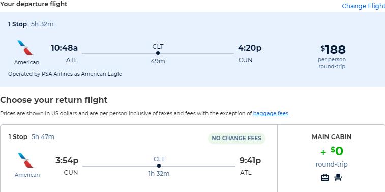 Cheap flights from Atlanta to Cancun, Mexico for only $188 roundtrip with American Airlines. Flight deal ticket image.