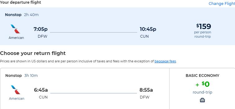 Non-stop flights from Austin or Dallas, Texas to Cancun, Mexico from only $159 roundtrip with American Airlines. Flight deal ticket image.