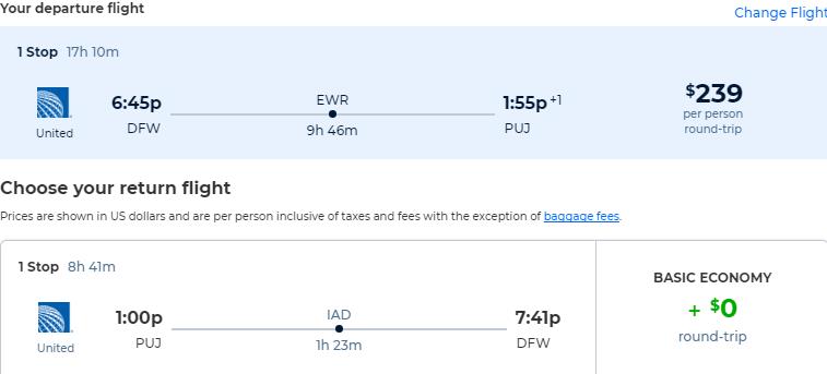 Cheap flights from Dallas, Texas to the Dominican Republic for only $239 roundtrip with United Airlines. Flight deal ticket image.