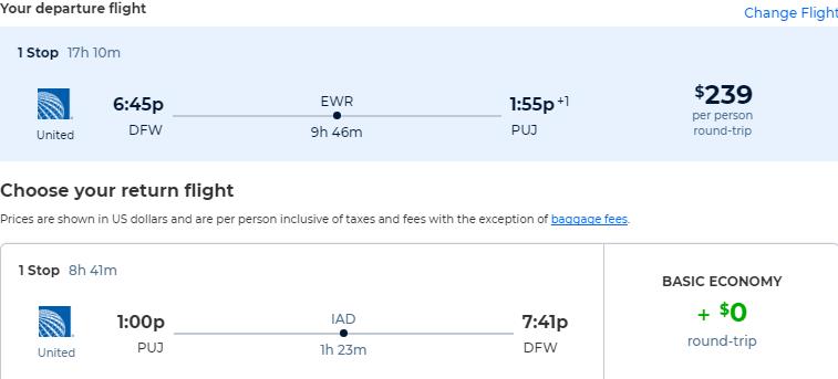 Click here to book this cheap flight deal. Cheap flights from Dallas, Texas to the Dominican Republic for only $239 roundtrip with United Airlines. Flight deal ticket image.