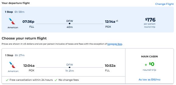 Cheap flights from Fort Lauderdale to Portland, Oregon for only $176 roundtrip with American Airlines. Also works in reverse. Flight deal ticket image.