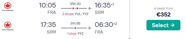Click here to book this cheap flight deal. Cheap flights from Frankfurt, Germany to St. Martin for only €344 roundtrip with Air Canada. Flight deal ticket image.