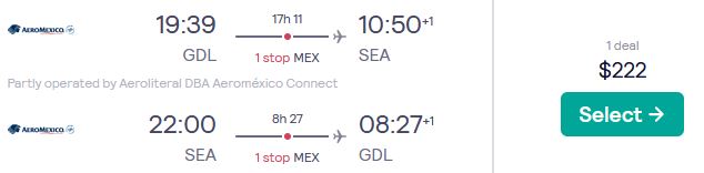 Click here to book this cheap flight deal. Summer flights from Guadalajara, Mexico to Seattle, USA for only $222 USD roundtrip with Aeromexico. Flight deal ticket image.