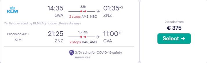 Cheap flights from Geneva, Switzerland to Zanzibar, Tanzania for only €375 roundtrip with KLM. Flight deal ticket image.