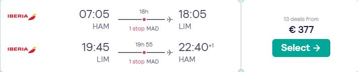 Cheap flights from German cities to Lima, Peru from only €377 roundtrip with Iberia. Flight deal ticket image.