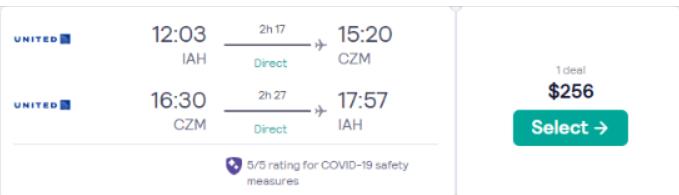 Cheap flights from Houston or Denver to Cozumel, Mexico from only $256 roundtrip with United Airlines. Flight deal ticket image.
