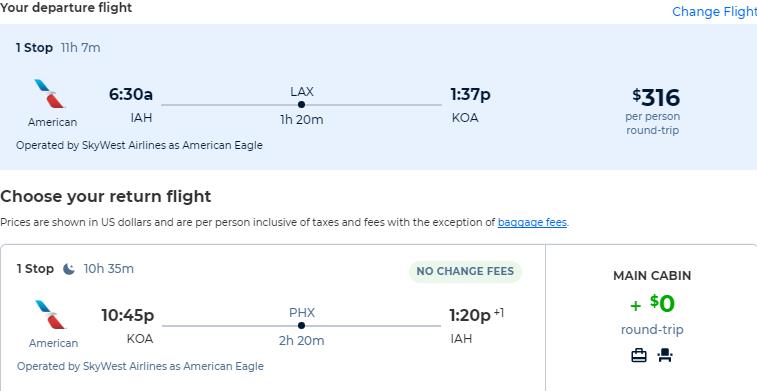 Cheap flights from Houston, Texas to Kona, Hawaii for only $316 roundtrip with American Airlines. Also works in reverse. Flight deal ticket image.