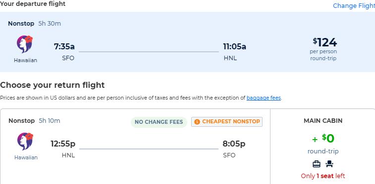 Click here to book this cheap flight deal. Cheap flights from Californian cities to Hawaii from only $124 roundtrip wirh Hawaiian Airlines. Flight deal ticket image.