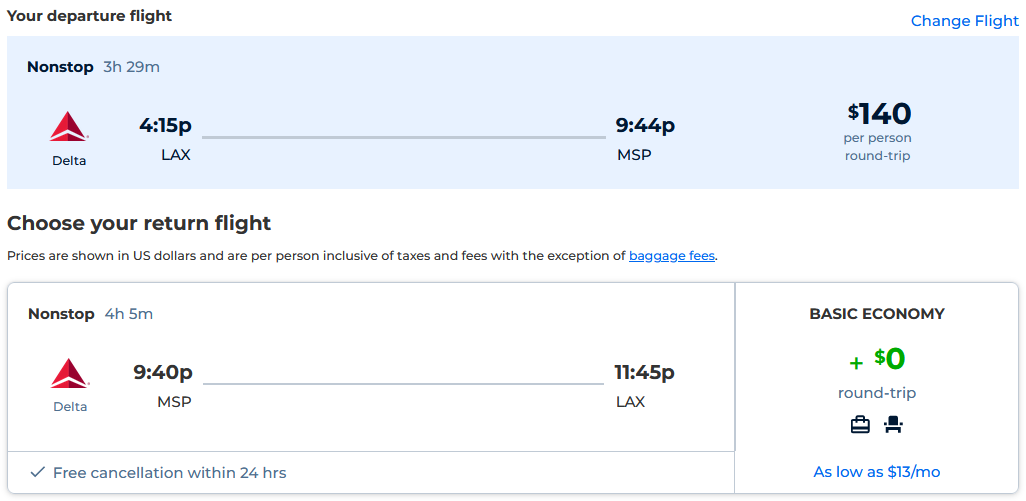 Non-stop flights from Los Angeles to Minneapolis for only $140 roundtrip with Delta Air Lines. Also works in reverse. Flight deal ticket image.