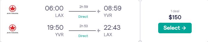 Non-stop flights from Los Angeles to Vancouver, Canada for only $150 roundtrip with Air Canada. Flight deal ticket image.