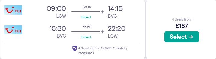 Non-stop, last minute flights from London, UK to Boa Vista, Cape Verde for only £187 roundtrip. Flight deal ticket image.