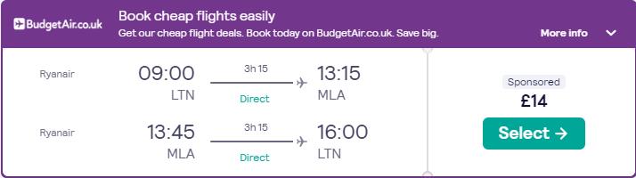 Non-stop flights from London, UK to Malta for only £14 roundtrip. Flight deal ticket image.