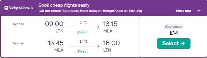 Click here to book this cheap flight deal. Non-stop flights from London, UK to Malta for only £14 roundtrip. Flight deal ticket image.