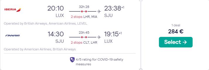 Cheap flights from Luxembourg to San Juan, Puerto Rico for only €284 roundtrip with British Airways. Flight deal ticket image.