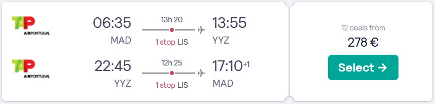 Cheap flights from Madrid, Spain to Toronto, Canada for only €278 roundtrip with TAP Air Portugal. Flight deal ticket image.