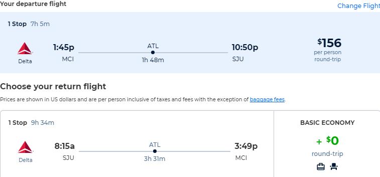 Cheap flights from Kansas City to San Juan, Puerto Rico for only $156 roundtrip with Delta Air Lines. Flight deal ticket image.