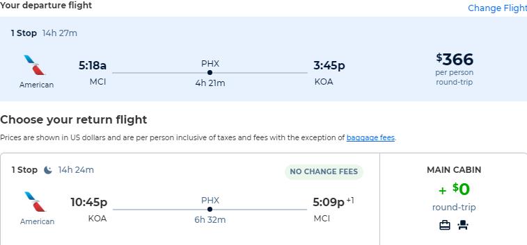 Cheap flights from Kansas City to Kona, Hawaii for only $366 roundtrip with American Airlines. Also works in reverse. Flight deal ticket image.