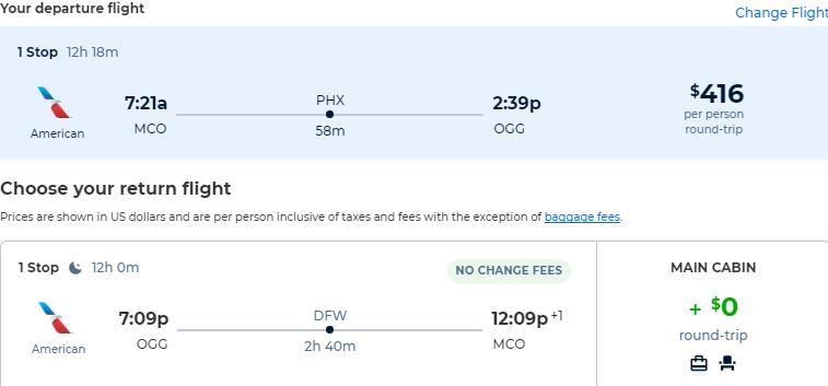 Cheap flights from Orlando, Florida to Kahului, Hawaii for only $416 roundtrip with American Airlines. Also works in reverse. Flight deal ticket image.