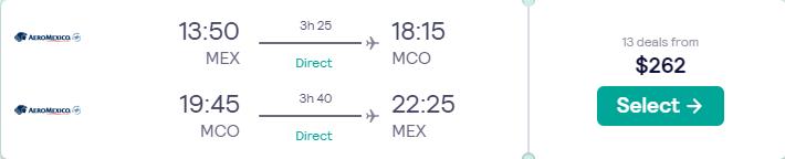 Non-stop flights from Mexico City, Mexico to Orlando, Florida for only $262 USD roundtrip with Aeromexico. Flight deal ticket image.