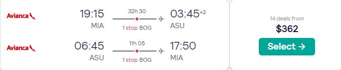 Summer flights from Miami or New York to Asuncion, Paraguay from only $362 roundtrip with Avianca. Flight deal ticket image.