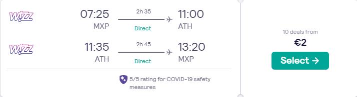 Non-stop flights from Milan, Italy to Athens, Greece for only €2 roundtrip. Flight deal ticket image.