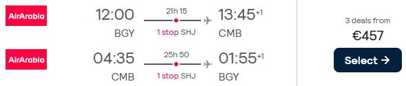 Cheap flights from Milan, Italy to Colombo, Sri Lanka for only €457 roundtrip. Flight deal ticket image.
