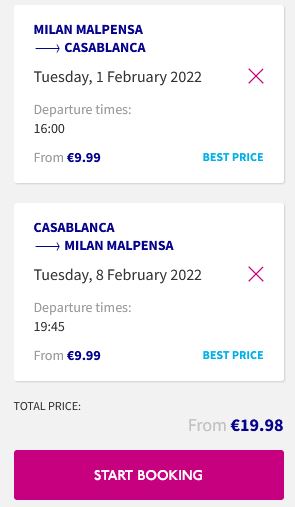 Non-stop flights from Milan, Italy to Casablanca, Morocco for only €19 roundtrip. Flight deal ticket image.