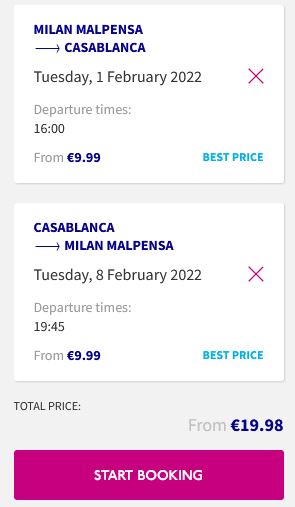 Click here to book this cheap flight deal. Non-stop flights from Milan, Italy to Casablanca, Morocco for only €19 roundtrip. Flight deal ticket image.