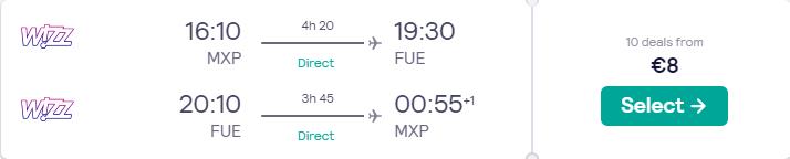 Non-stop flights from Milan, Italy to the Canary Islands for only €8 roundtrip. Flight deal ticket image.