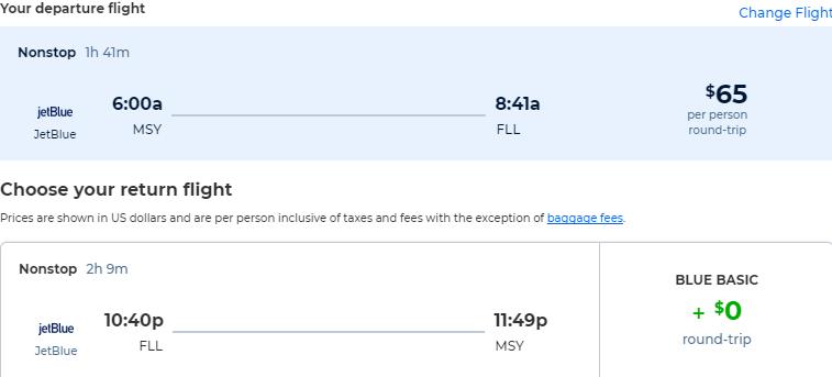 Non-stop flights from New Orleans to Fort Lauderdale for only $65 roundtrip with JetBlue. Also works in reverse. Flight deal ticket image.