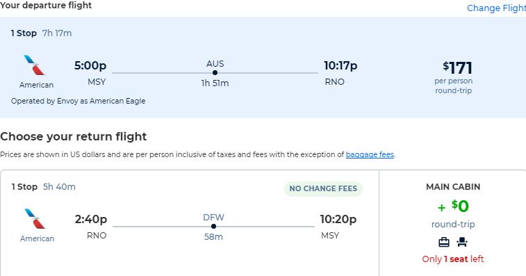 Click here to book this cheap flight deal. Cheap flights from New Orleans to Reno, Nevada for only $171 roundtrip with American Airlines.. Also works in reverse. Flight deal ticket image.