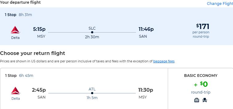 Cheap flights from New Orleans to San Diego for only $171 roundtrip with Delta Air Lines. Also works in reverse. Flight deal ticket image.