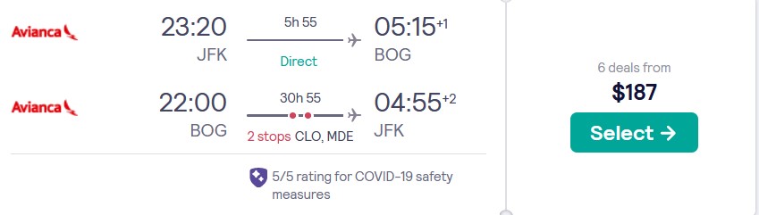Click here to book this cheap flight deal. Cheap flights from New York to Bogota, Colombia for only $186 roundtrip with Avianca. Flight deal ticket image.