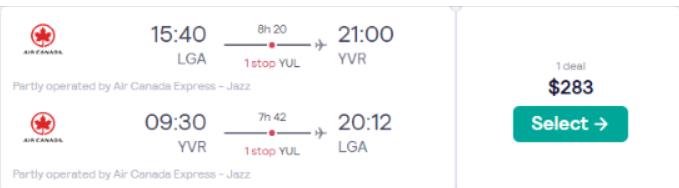 Cheap flights from New York to Vancouver, Canada for only $283 roundtrip with Air Canada. Flight deal ticket image.