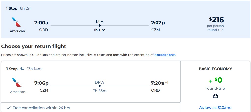Click here to book this cheap flight deal. Cheap flights from US cities to Cozumel, Mexico from only $216 roundtrip with American Airlines. Flight deal ticket image.