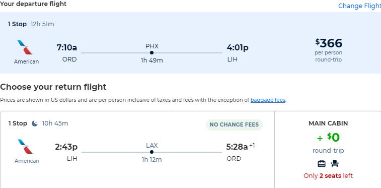 Cheap flights from Chicago to Lihue, Hawaii for only $366 roundtrip with American Airlines. Also works in reverse. Flight deal ticket image.