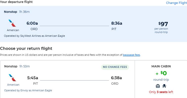 Non-stop flights from Chicago to Pittsburgh for only $97 roundtrip with American Airlines. Also works in reverse. Flight deal ticket image.