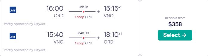 Cheap flights from Chicago to Vilnius, Lithuania for only $358 roundtrip with SAS. Flight deal ticket image.