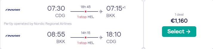 Business Class flights from Paris, France to Bangkok, Thailand for only €1160 roundtrip with Finnair. Flight deal ticket image.