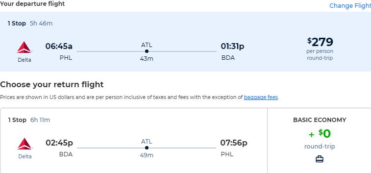 Cheap flights from Philadelphia to Bermuda for only $279 roundtrip with Delta Air Lines. Flight deal ticket image.