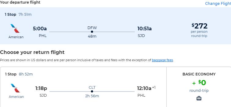 Cheap flights from Philadelphia to San Jose del Cabo, Mexico for only $272 roundtrip with American Airlines. Flight deal ticket image.