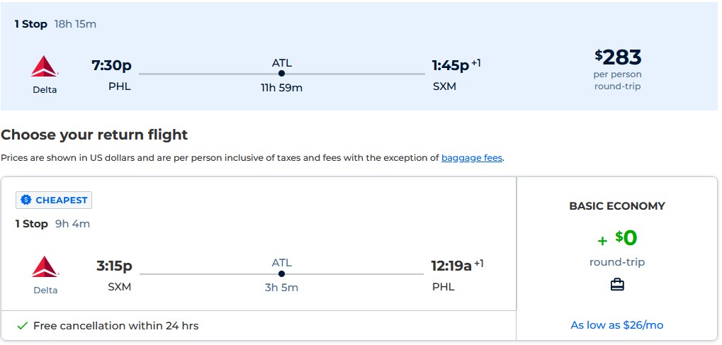 Cheap flights from Philadelphia to St. Martin for only $283 roundtrip with Delta Air Lines. Flight deal ticket image.