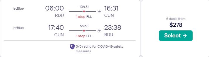 Cheap flights from Raleigh or Nashville to Cancun, Mexico from only $278 roundtrip with JetBlue. Flight deal ticket image.