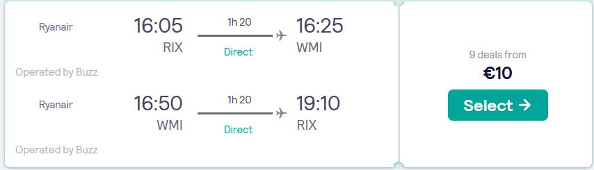Non-stop flights from Riga, Latvia to Warsaw, Poland for only €10 roundtrip. Flight deal ticket image.