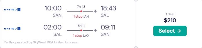 Click here to book this cheap flight deal. Cheap flights from San Diego to San Salvador, El Salvador for only $210 roundtrip with United Airlines. Flight deal ticket image.